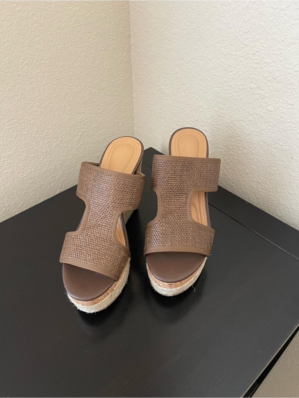 Adrienne Vittadini Brown Woven Platform Slide Sandals